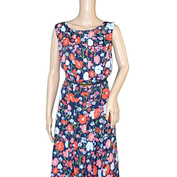 Jones New York Dresses & Skirts - JNY Navy Blue Floral Pleated Belt Dress 10